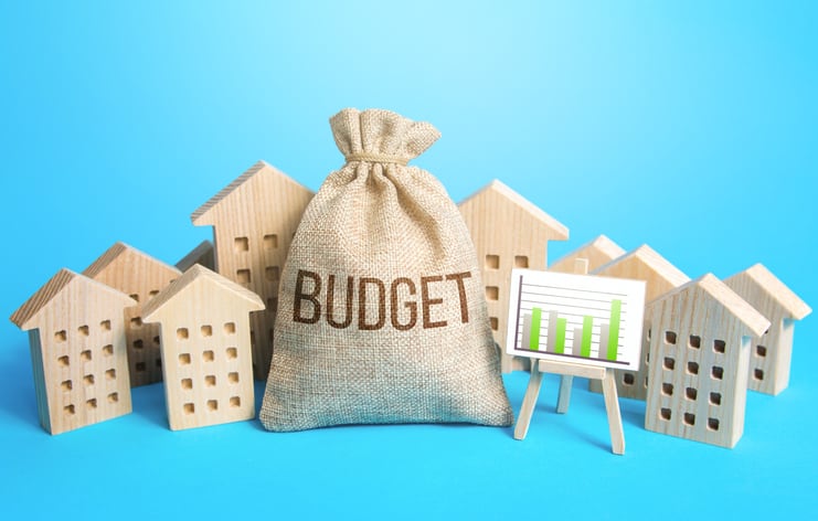 Money bag budget and real estate. Municipality budget of community. Collection of taxes and fees. City services. Effective management, governance of funds. Energy efficiency, urban planning innovation