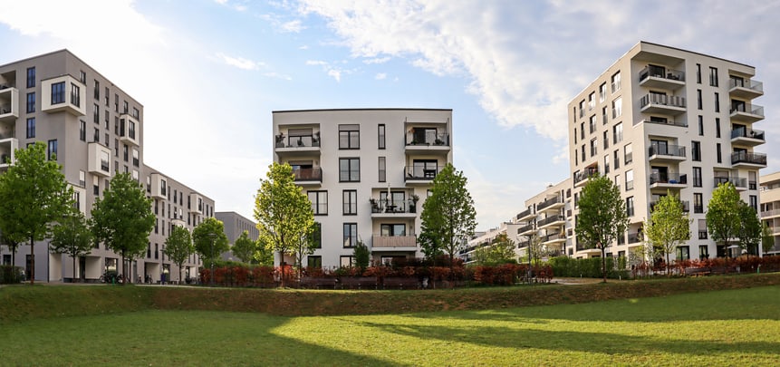 Cityscape of a residential area with modern apartment