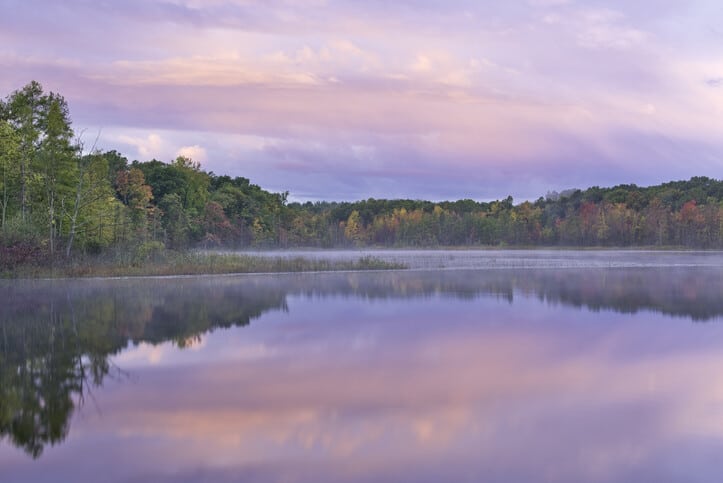 Autumn landscape at dawn of the shoreline of Deep Lake with mirrored reflections in calm water, Yankee Springs State Park, Michigan, USA