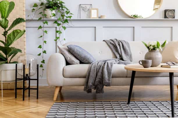 Stylish scandinavian living room interior with design sofa, furniture, tropical plants and decoration. Grey wall. Neutral concept. Template.