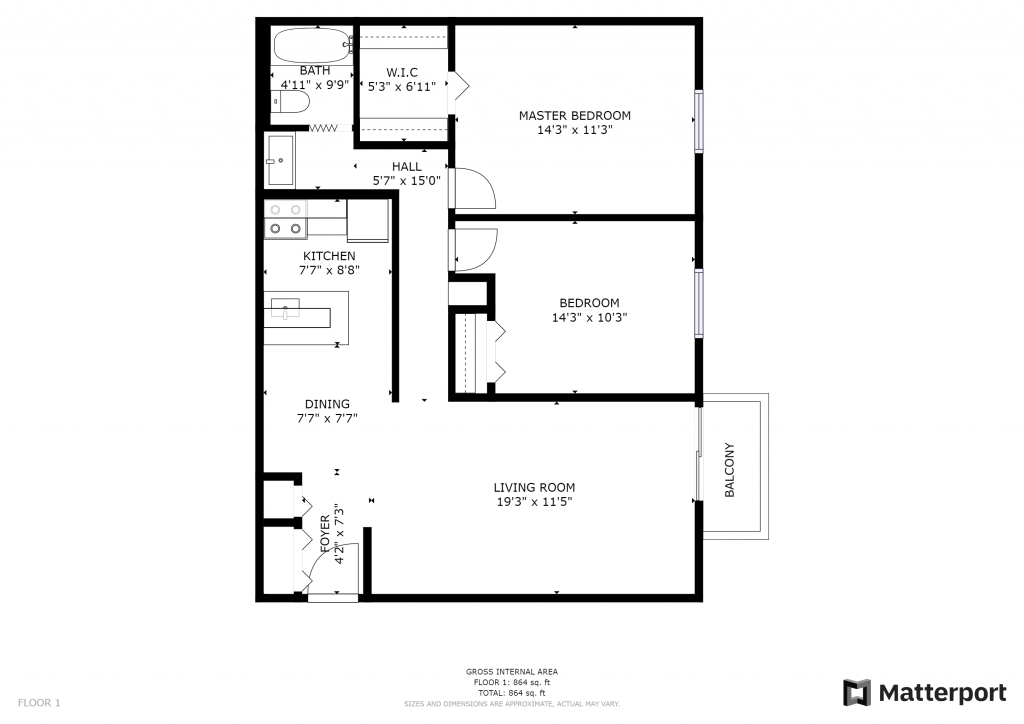 2BR Cass Lake Apartment Floor Plan